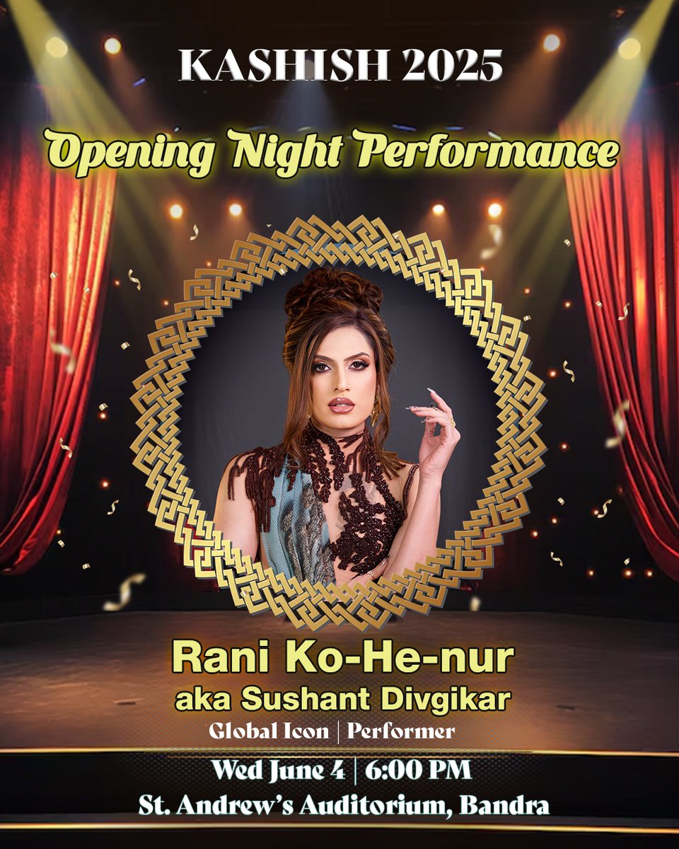 KASHISH Pride Film Festival (@kashishfilmfest) on Twitter photo We’re ecstatic to present the phenomenal <a href="/thedivasushant/">Sushant(RANI)Divgikr</a> as the Opening Night Performer at #KASHISH2025!
Don’t miss this spellbinding opening night act!
📍June 4 | St. Andrews Auditorium | 6PM onwards
🎟️Register here: kpff.myinstamojo.com/category/40627…
#KASHISHPrideFilmFestival #RaniKoHEnur We’re ecstatic to present the phenomenal <a href="/thedivasushant/">Sushant(RANI)Divgikr</a> as the Opening Night Performer at #KASHISH2025!
Don’t miss this spellbinding opening night act!
📍June 4 | St. Andrews Auditorium | 6PM onwards
🎟️Register here: kpff.myinstamojo.com/category/40627…
#KASHISHPrideFilmFestival #RaniKoHEnur