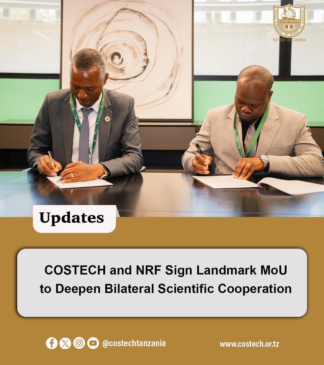 SA, Tanzania research funders sign landmark MoU to deepen bilateral scientific cooperation

The National Research Foundation (NRF) and the Tanzania Commission for Science and Technology (COSTECH) have signed a memorandum of understanding (MoU) aimed at strengthening and expanding