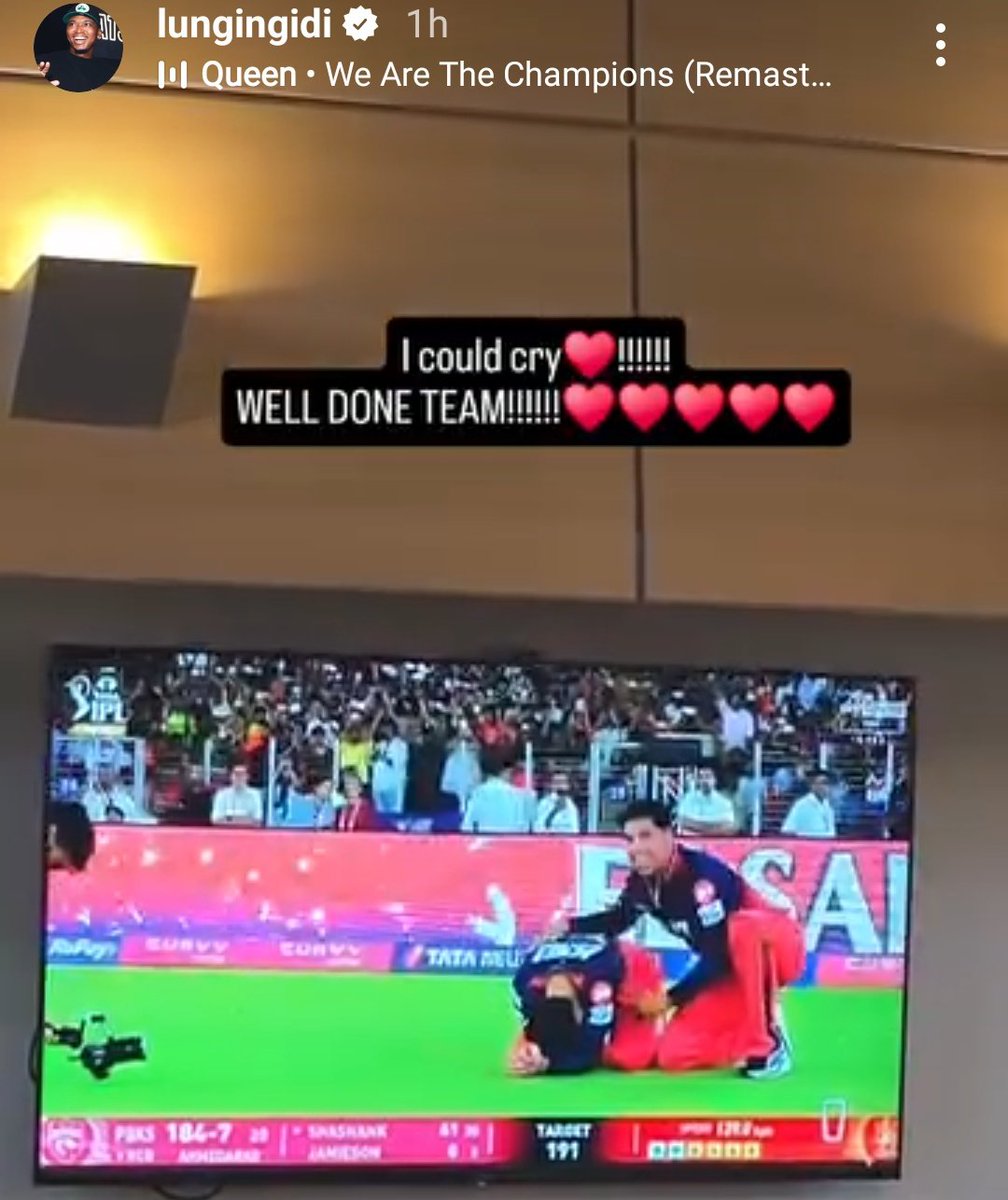 Lungi Ngidi's Instagram story on RCB's Win and for Virat Kohli. ❤️