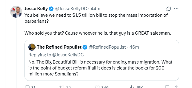 Useful reminder that grift-pundits like Jesse Kelly don't care about actual results, just about getting outrage-clicks.
A stand-alone bill for border security funding cannot pass Congress, due to the filibuster. The only way to get the funding through against Dem opposition is