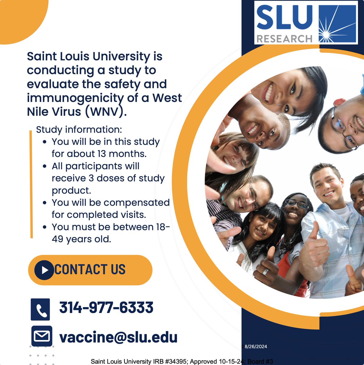 SLU's Center for Vaccine Development seeks healthy adult volunteers for a clinical trial to study the safety and immune response elicited by a new investigational vaccine for West Nile virus. 
Learn more