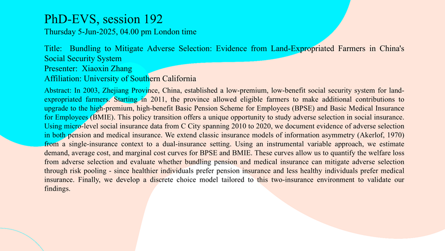 Join us this Thursday: Xiaoxin Zhang, from University of Southern California, presents:  "Bundling to Mitigate Adverse Selection: Evidence from Land-Expropriated Farmers in China's Social Security System".        

Register: sites.google.com/view/phd-evs20…

#Landuse #socialsecurity