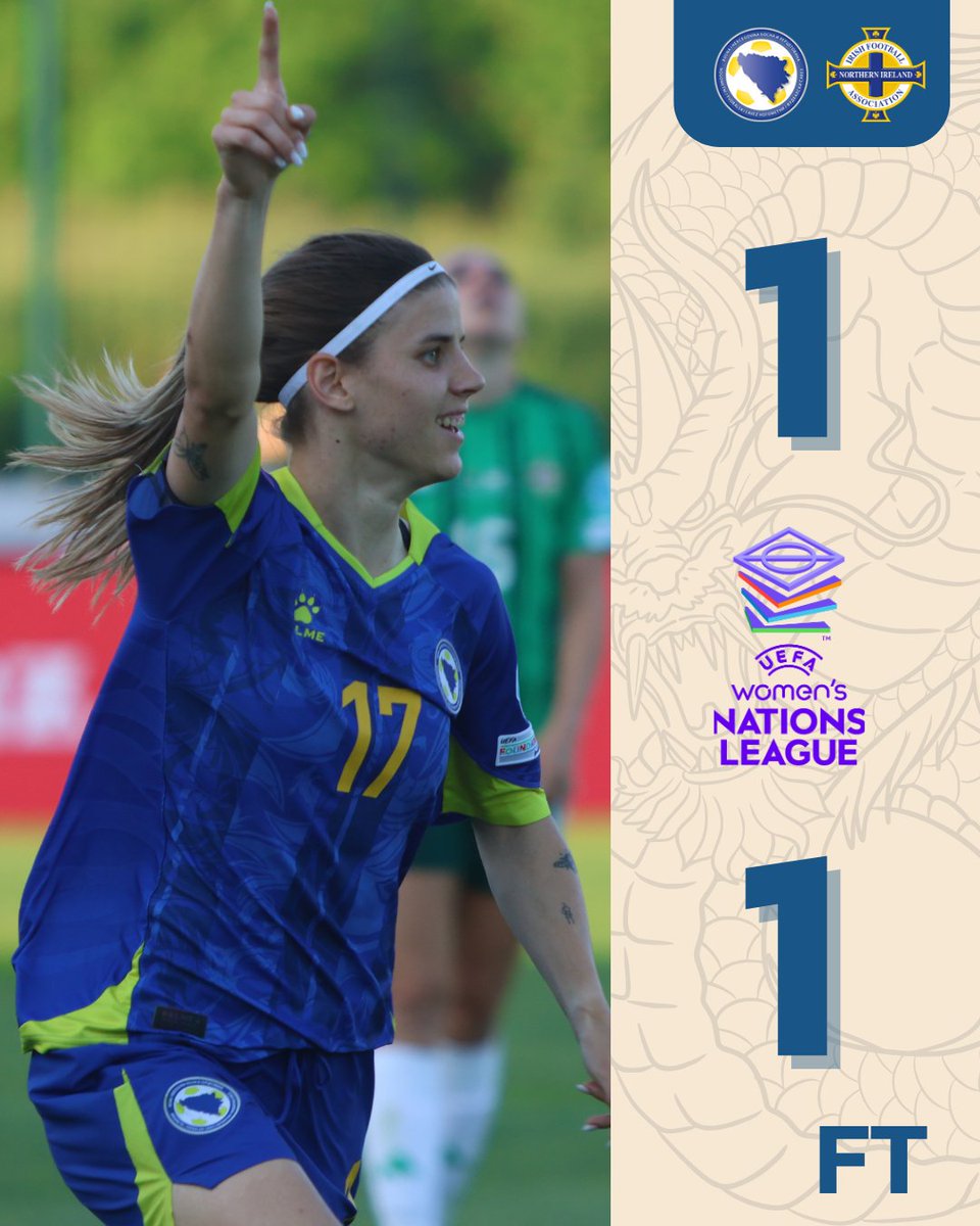 NFSBiH's tweet photo. 🇧🇦 U 6. kolu grupe B1 UEFA Lige nacija za žene, #Zmajice su remizirale 1:1 sa Sjevernom Irskom.
Krajšumović za BiH, Magill za gošće. Naše djevojke završavaju ciklus na 3. mjestu sa 5 bodova.
#NSBiH #WomensFootball #UEFANationsLeague https://t.co/MVOyuYV4r4