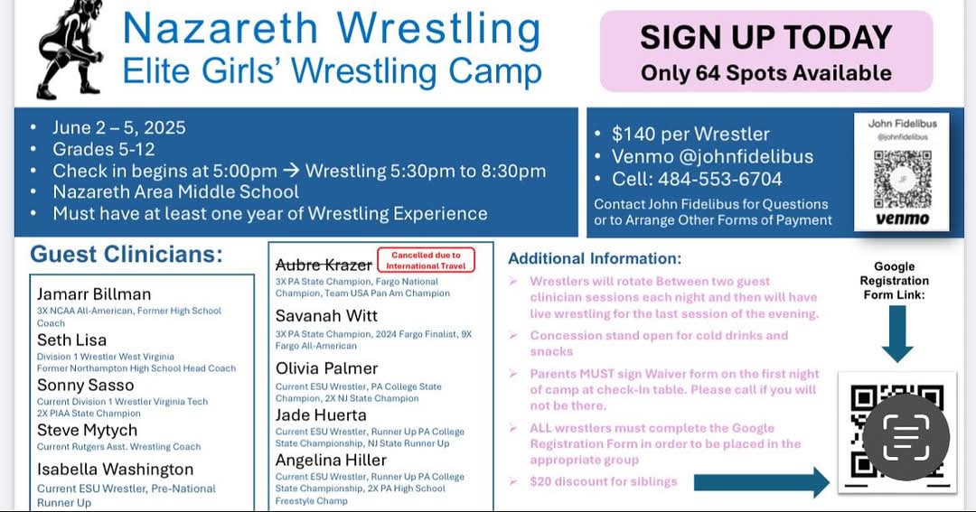 Nazareth Wrestling (@nazwrestling) on Twitter photo Great turnout for our first Elite Girls Wrestling Camp last night!
Thank you to ESU Wrestlers Jade Huerta & Isabella Washington!
Thank you to RU Assistant Coach <a href="/SteveMytychRU/">Steve Mytych</a>!
Drop in tonight for $35!
#GoBlueEagles
#GoLadyBlueEagles
#NazarethProud
🔵🦅🤼♀️🤼♂️
📸Scott Heckman Great turnout for our first Elite Girls Wrestling Camp last night!
Thank you to ESU Wrestlers Jade Huerta & Isabella Washington!
Thank you to RU Assistant Coach <a href="/SteveMytychRU/">Steve Mytych</a>!
Drop in tonight for $35!
#GoBlueEagles
#GoLadyBlueEagles
#NazarethProud
🔵🦅🤼♀️🤼♂️
📸Scott Heckman