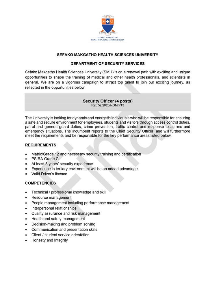 CarolBoitumelo1's tweet image. Sefako Makgatho Health Science University is hiring!

📌Security Officers x4

Closing Date 11 June 2025