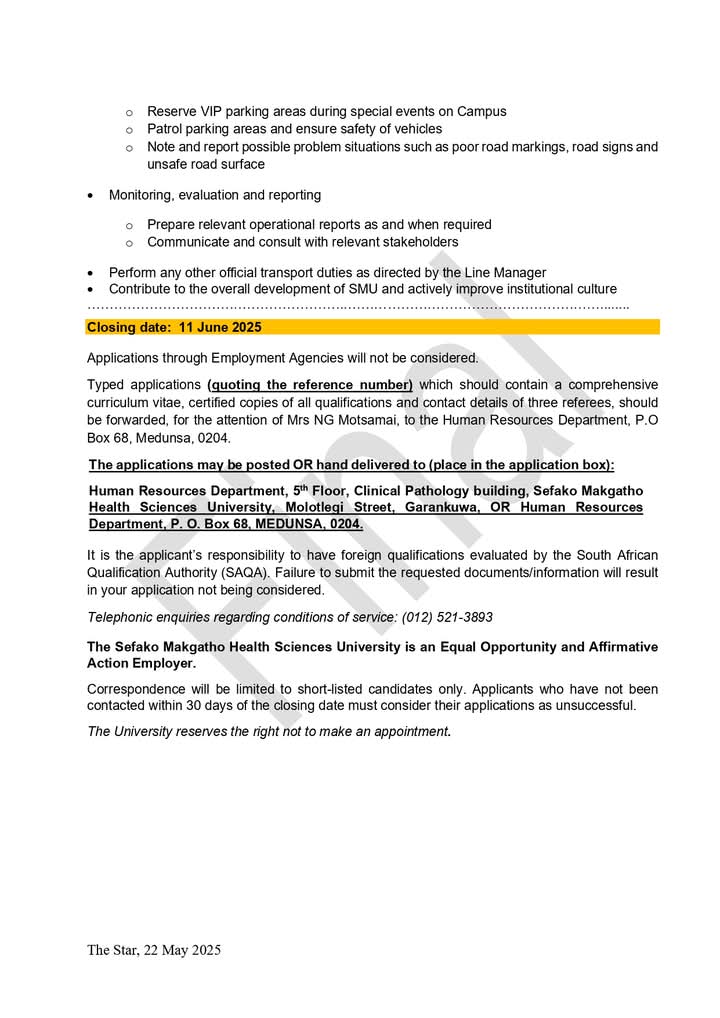CarolBoitumelo1's tweet image. Sefako Makgatho Health Science University is hiring!

📌Security Officers x4

Closing Date 11 June 2025