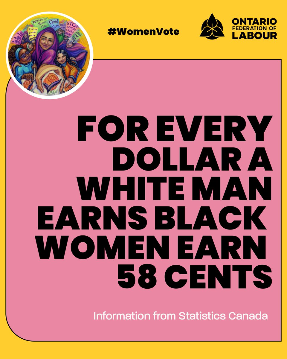 OFL (@oflabour) on Twitter photo Yesterday, June 2, marked Equal Pay Day for Black women. The gender pay gap for Black women is 42%. They earn only $0.58 for every dollar a man makes, And must work an extra 153 days to earn what an average man makes in a year.
<a href="/EqualPayON/">Equal Pay Coalition</a> <a href="/CBTU_Canada/">CBTU Canada</a>
#OnLab #Onpoli Yesterday, June 2, marked Equal Pay Day for Black women. The gender pay gap for Black women is 42%. They earn only $0.58 for every dollar a man makes, And must work an extra 153 days to earn what an average man makes in a year.
<a href="/EqualPayON/">Equal Pay Coalition</a> <a href="/CBTU_Canada/">CBTU Canada</a>
#OnLab #Onpoli