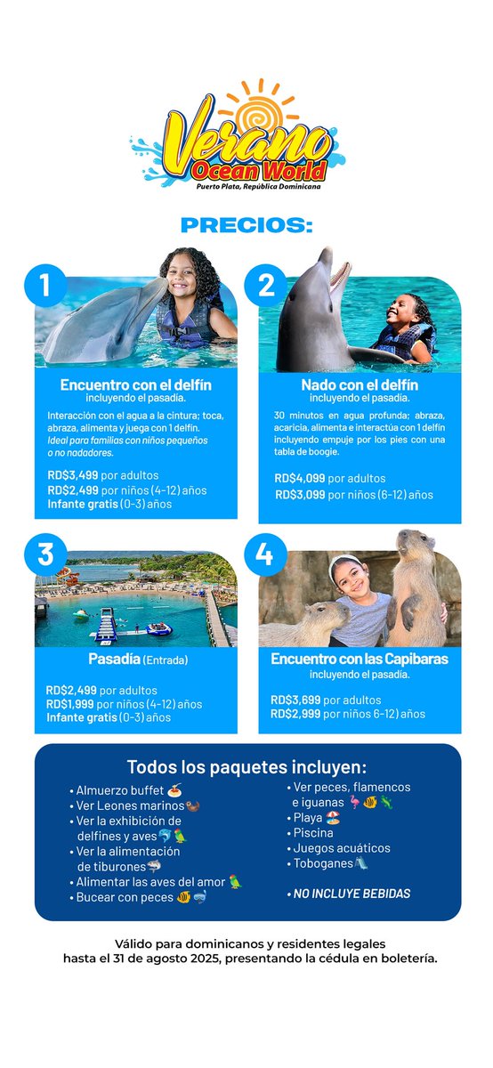 Precios en Ocean World para verano 2025 clientes dominicanos.