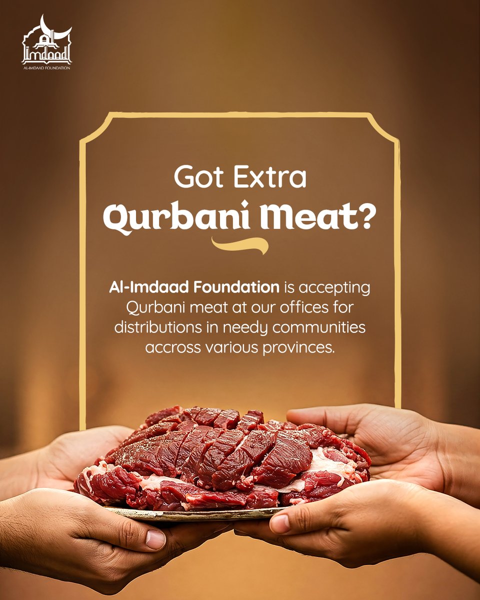Alimdaad's tweet photo. Turn your Qurbani into a du’a from someone else’s table.
This Eid, donate meat via Al-Imdaad to feed families across South Africa.
📦 Drop-offs: Gauteng, Durban, Western & Eastern Cape, N. Cape, Estcourt, Harding
🌍 https://t.co/516tuCiAi4
#Qurbani2025 #MeatDonation #YourQurbaniTheirDua