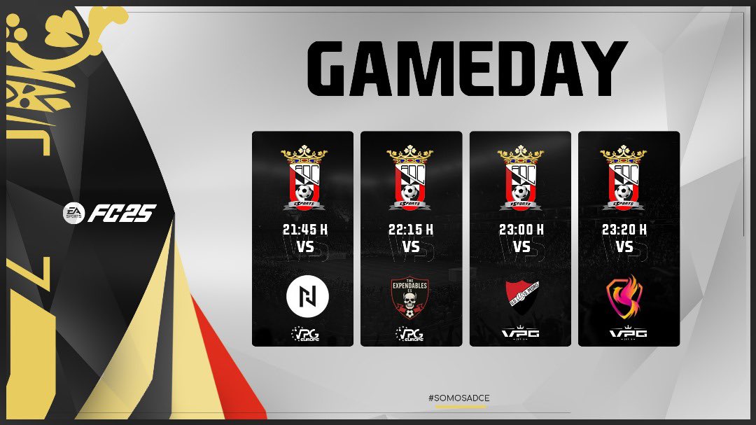 #MATCHDAY | 3/6/25 📆

Otro día más, buscando el pleno ✅

🏆 <a href="/VPGEurope/">Virtual Pro Gaming | Europe</a>
🆚 <a href="/New_Hungary/">New Hungary</a>
⏰ 21:45

🏆 <a href="/VPGEurope/">Virtual Pro Gaming | Europe</a>
🆚 <a href="/ExpendablesES/">The Expendables ES</a>
⏰ 22:15

🏆 <a href="/VPG_Spain/">Virtual Pro Gaming España</a>
🆚 <a href="/USP_eSports/">UD San Pedro</a>
⏰ 23:00

🏆 <a href="/VPG_Spain/">Virtual Pro Gaming España</a> 
🆚 <a href="/SuzakuEsports/">SZK Esports</a>
⏰ 23:20

#SomosADCE
<a href="/ADCeuta_FC/">AD CEUTA FC</a>
<a href="/ADCeutaEsports/">ADCeuta Esports</a>
