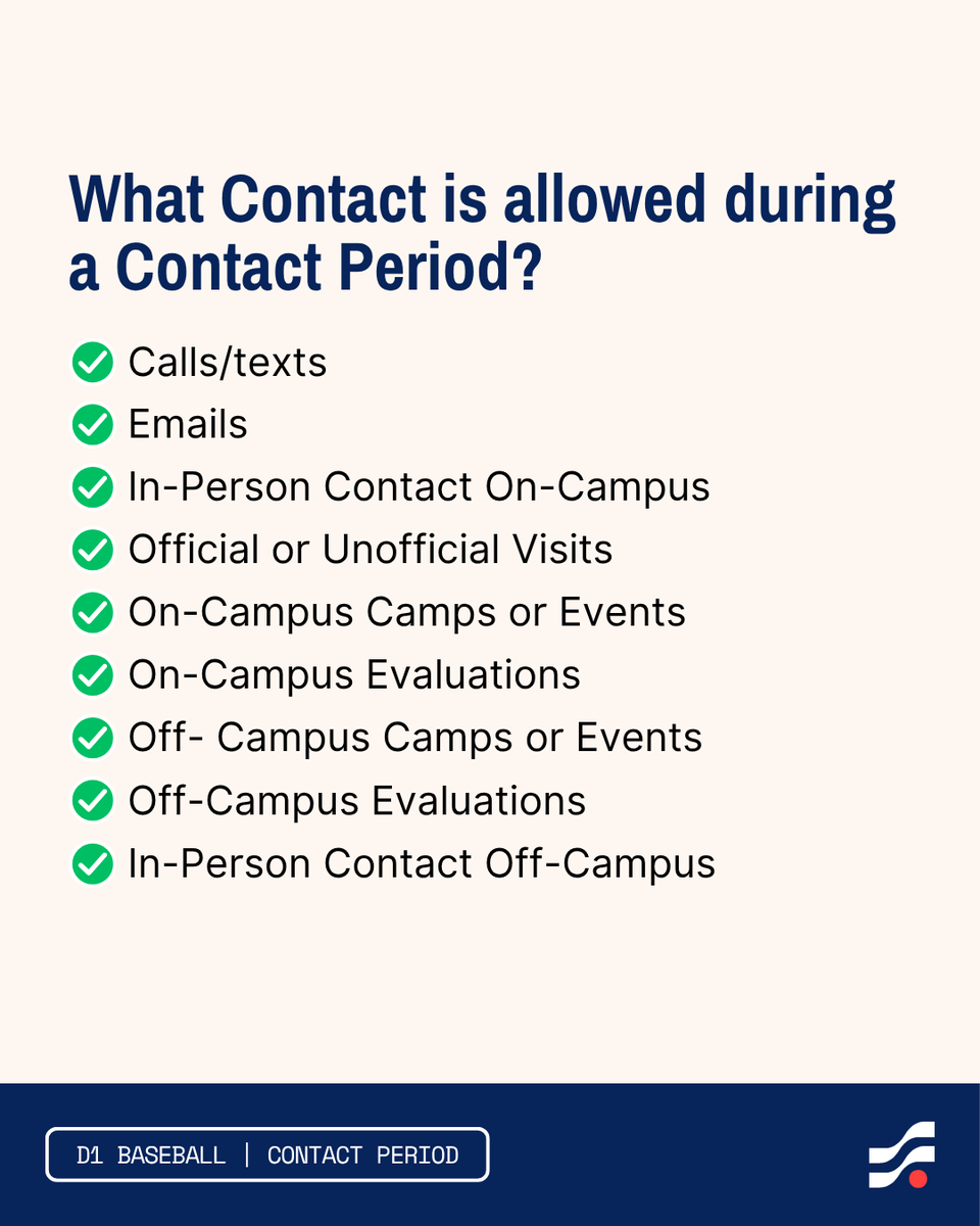 Division I Baseball has shifted to a Recruiting Contact Period until June 13th. Swipe ➡️ to learn more about what this means for your process. ⚾️

To learn about when college coaches can start contacting you check out the link to our Recruiting Resource Center in our bio 🔗