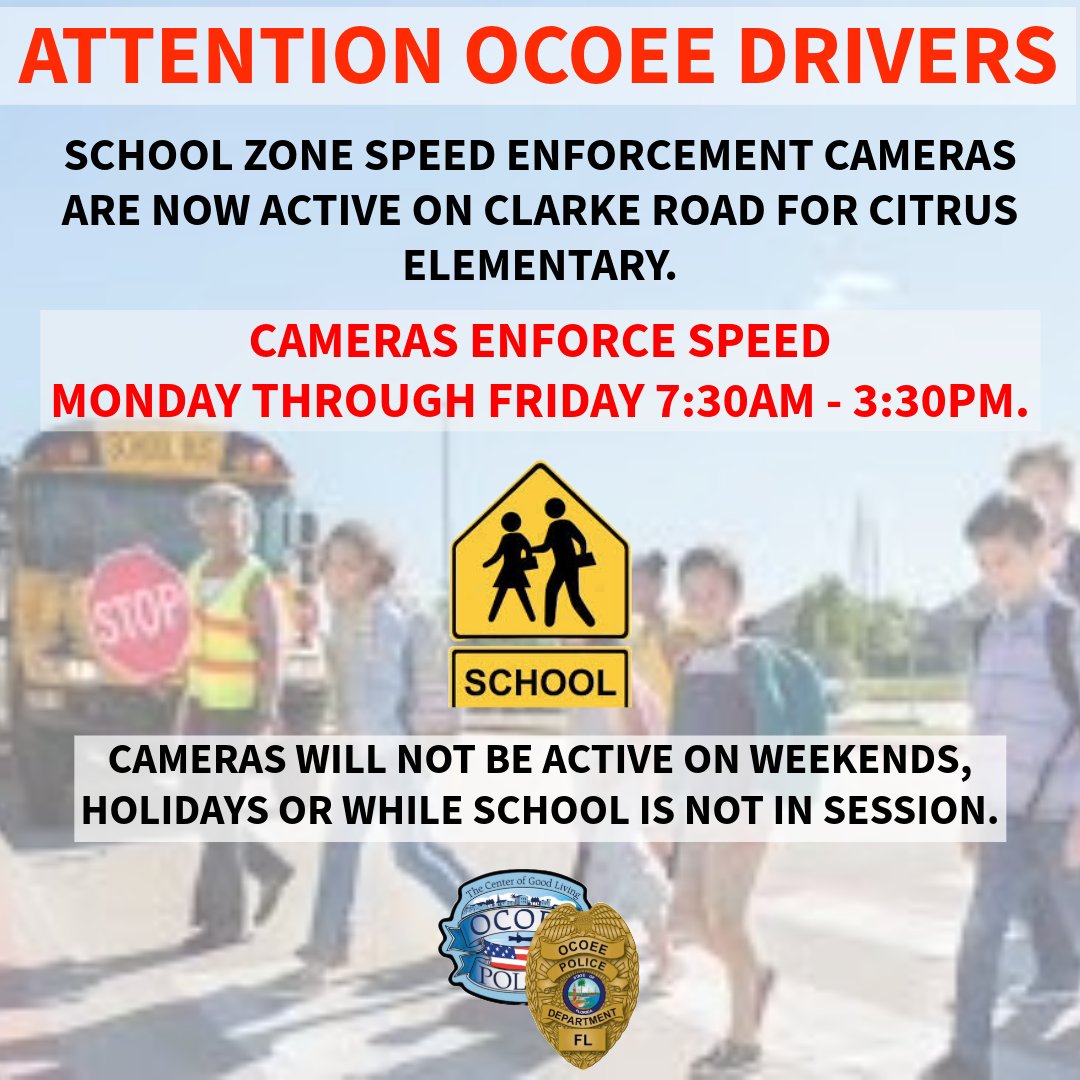 🚨SCHOOL ZONE SPEED ENFORCEMENT🚨

Speed cameras on Clarke Road near Citrus Elementary.

Cameras operate:
📅 Monday–Friday | ⏰ 7:30 AM – 3:30 PM

⚠️ Cameras are OFF on weekends, holidays and while school is not in session.