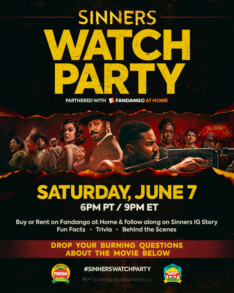 Get fired up for the #SinnersWatchParty - buy or rent #SinnersMovie on @fandango at Home, drop your burning questions here, and sync up with our IG Story this Saturday at 6pm PT / 9pm ET. It'll be one hell of a good time!