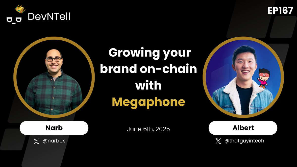 🎙️ Get ready to learn about <a href="/megaphone_hq/">Megaphone</a>!

💁 Join us on DevNTell this Friday as we host Megaphone CEO <a href="/thatguyintech/">albert</a> who'll be giving us an overview of the platform 📣

💙 Brought to you by our friends <a href="/arbitrum/">Arbitrum</a>

RSVP for the livestream using the link below👇