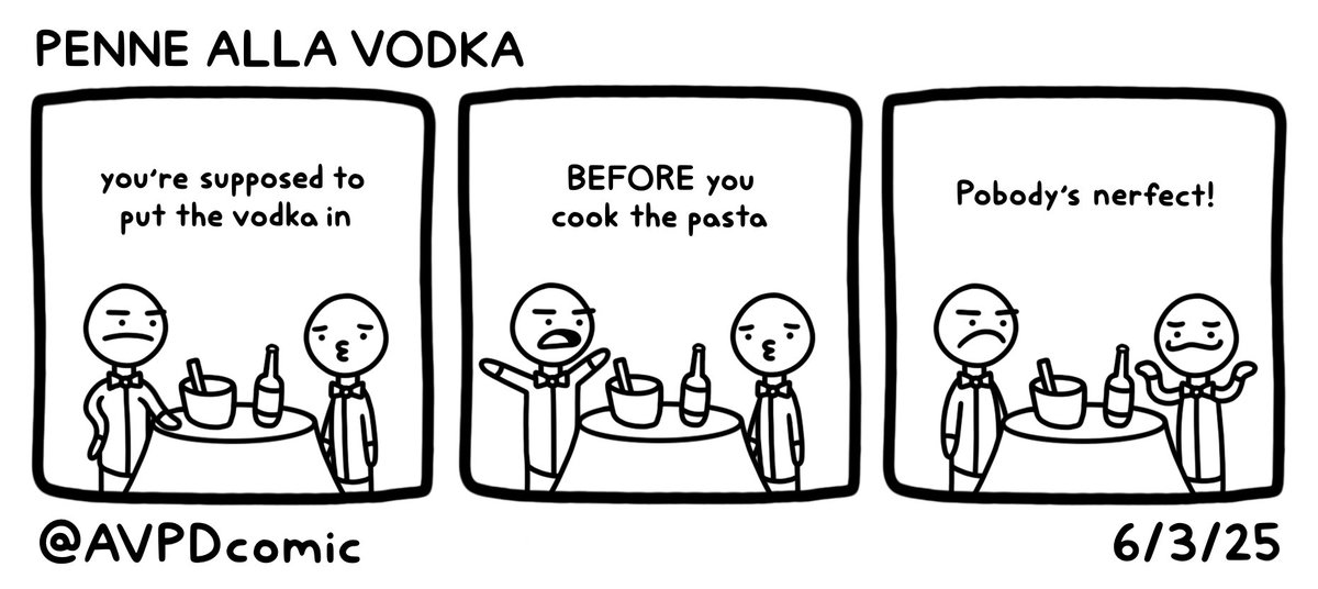 AVPDcomic's tweet photo. everybody makes mistakes, everybody has those days #AVPD #comic #webcomic #drawing #doodle #cartoon #art #chef #pasta #penne #vodka #penneallavodka #pobodysnerfect #nobodysperfect #Ivegottaworkit #againandagaintillIgetitright #funny #dumb #haha #lol https://t.co/w7hjNPz2hd