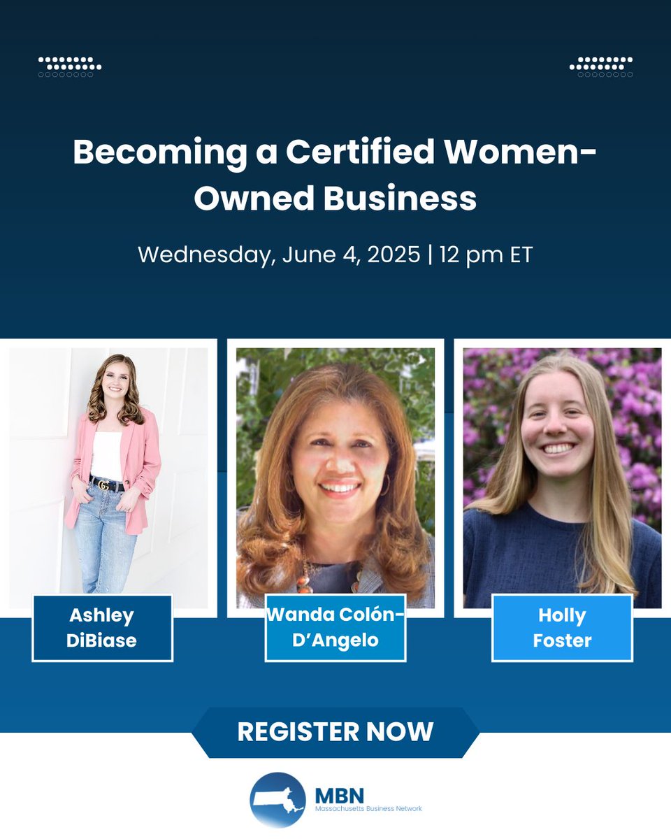 We're only one day away from Massachusetts Business Network's next virtual Lunch 🥪 &amp; Learn 🧑‍💻: Becoming a Certified Women-Owned Business! 👩‍💼

Ready to learn about becoming certified? Register now to reserve your spot 🎟️ massachusettsbusinessnetwork.com/event/becoming…