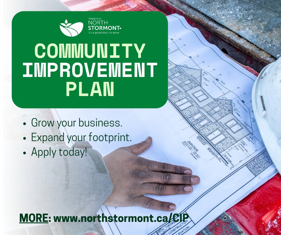 COMMUNITY IMPROVEMENT PLAN: Apply today for a grant to help expand your business or improve your footprint.

Both the Township of North Stormont and local businesses can shape how people perceive and engage with our communities.

FIND OUT MORE: northstormont.ca/CIP