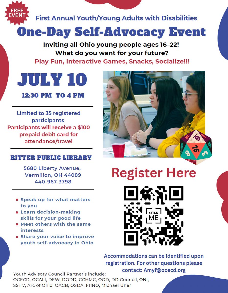 SST 11- Ohio (@sstregion11) on Twitter photo 📣 Ohio youth with disabilities (ages 16–22)!
FREE Self-Advocacy Event on July 10 🎉
✅ $100 gift card
✅ Games, snacks, fun
✅ Make your voice heard!
Limited spots—register now!
📍qrco.de/bg0oLT
✉️ Amyf@ocecd.org 📣 Ohio youth with disabilities (ages 16–22)!
FREE Self-Advocacy Event on July 10 🎉
✅ $100 gift card
✅ Games, snacks, fun
✅ Make your voice heard!
Limited spots—register now!
📍qrco.de/bg0oLT
✉️ Amyf@ocecd.org