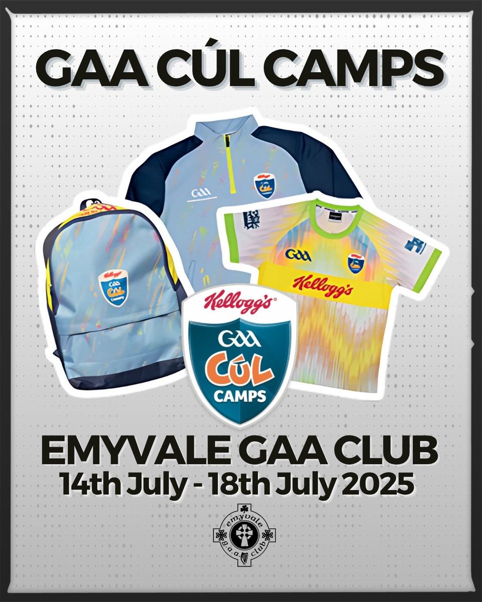 Emyvale GAA will once again be hosting the Kelloggs GAA Cúl Camps from 14-18 July 2025.

You can book your child's place on the following link:

kelloggsculcamps.gaa.ie/booking/?count…

Places are limited, so book asap to avoid disappointment!