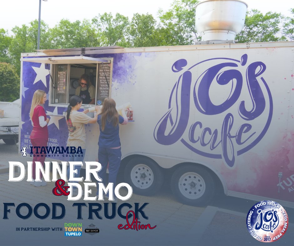 Itawamba CC (@itawambacc) on Twitter photo Don't miss the final night of Dinner & Demo: Food Truck Edition on June 10 at The Depot in Tupelo! Jo’s Café is serving loaded potato bombs, “Not Your Mama’s Tenders” with red beans & rice, and homemade cheesecake. Tickets: commerce.cashnet.com/ICCMSCAMPS?ite… #ICCFamily #TheBestStartHere Don't miss the final night of Dinner & Demo: Food Truck Edition on June 10 at The Depot in Tupelo! Jo’s Café is serving loaded potato bombs, “Not Your Mama’s Tenders” with red beans & rice, and homemade cheesecake. Tickets: commerce.cashnet.com/ICCMSCAMPS?ite… #ICCFamily #TheBestStartHere