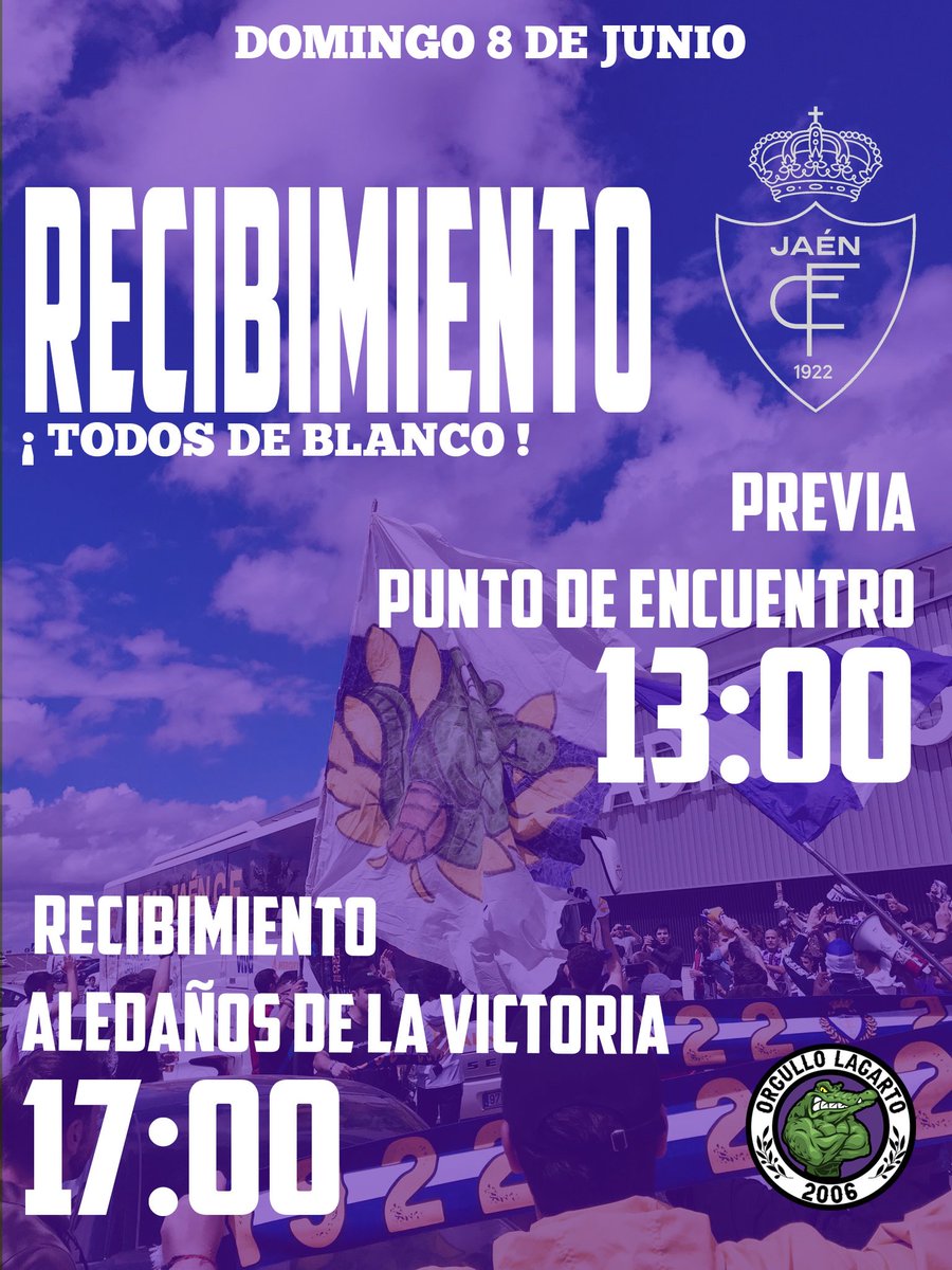 ¡Este domingo no puedes faltar en La Victoria!🦎

Desde las 13:00 estaremos de previa en el punto de encuentro para que a las 17:00 recibamos todos al equipo.🚌

¡Nos vemos el domingo lagartos!🦎⚪️📣