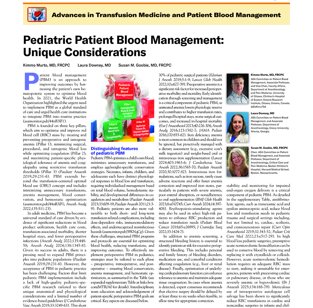 ASA Monitor (@asamonitor) on Twitter photo “Structured PBM programs have the potential to improve outcomes, reduce transfusion risks, optimize resources, and reduce costs,” write @DoKmurTok, <a href="/LADowneyMD/">Laura Downey</a>, and <a href="/sgoobie1/">Susan Goobie, MD, FRCPC</a>.
Learn about the distinguishing features of pediatric #PatientBloodManagement.
ow.ly/zFLg50VZuTz “Structured PBM programs have the potential to improve outcomes, reduce transfusion risks, optimize resources, and reduce costs,” write @DoKmurTok, <a href="/LADowneyMD/">Laura Downey</a>, and <a href="/sgoobie1/">Susan Goobie, MD, FRCPC</a>.
Learn about the distinguishing features of pediatric #PatientBloodManagement.
ow.ly/zFLg50VZuTz