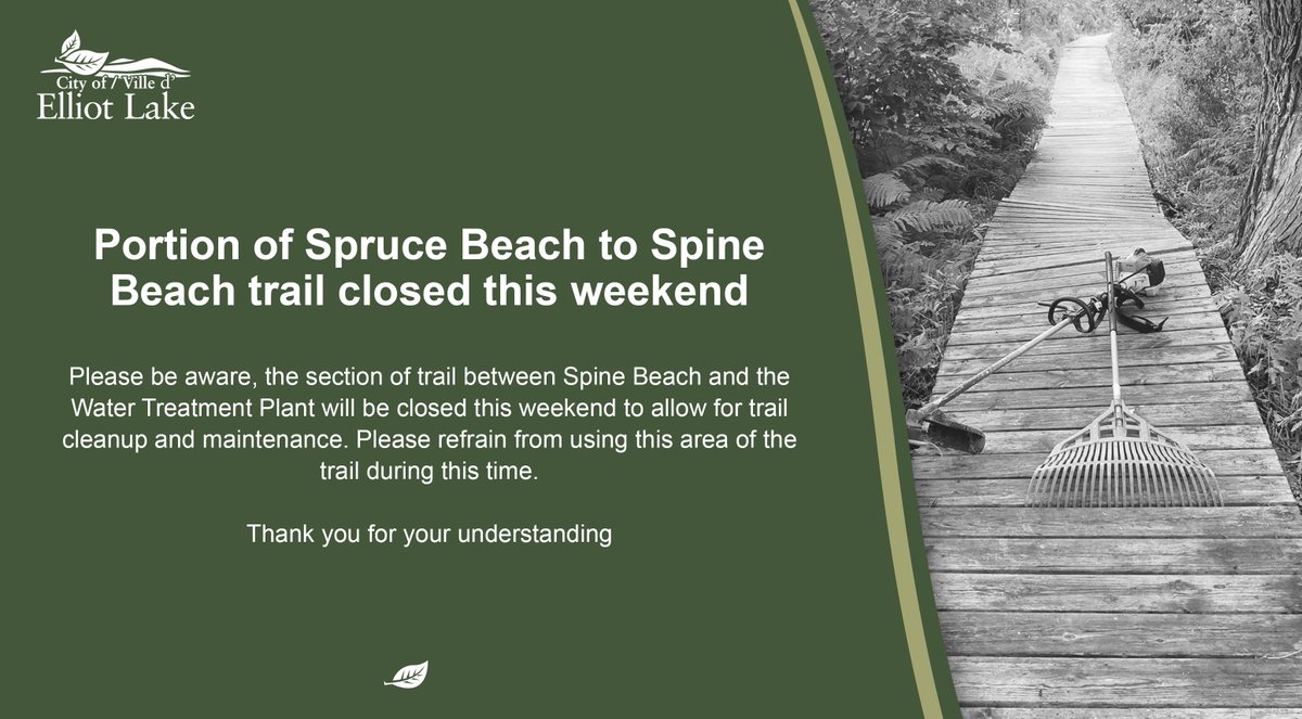 Please be aware, the section of trail between Spine Beach and the Water Treatment Plant will be closed this weekend to allow for trail cleanup and maintenance. Please refrain from using this area of the trail during this time.

Thank you for your understanding