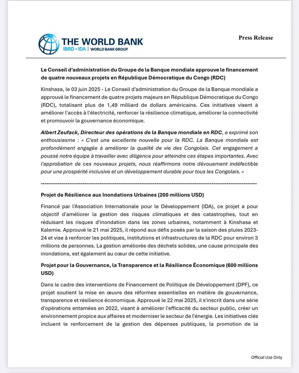 StanysBujakera's tweet photo. #RDC:  Le Conseil d'administration du Groupe de la Banque mondiale a approuvé le financement de quatre projets majeurs en République Démocratique du Congo (RDC), totalisant plus de 1,49 milliard de dollars américains. Ces initiatives visent à améliorer l'accès à l'électricité, renforcer la résilience climatique, améliorer la connectivité et promouvoir la gouvernance économique.