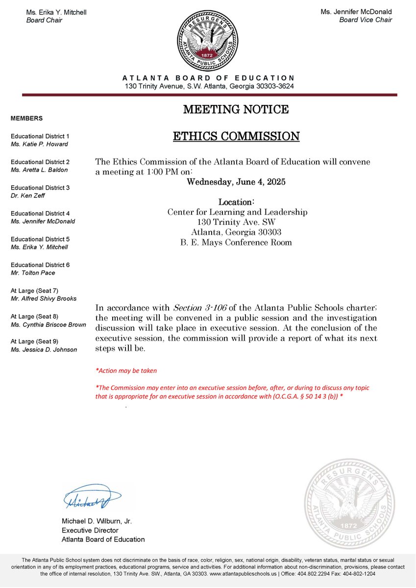 The Ethics Commission of the Atlanta Board of Education will convene a meeting at 1:00 PM on Wednesday, June 4, 2025. 

Location:
B.E. Mays Conference Room, Center for Learning and Leadership (130 Trinity Ave SW)