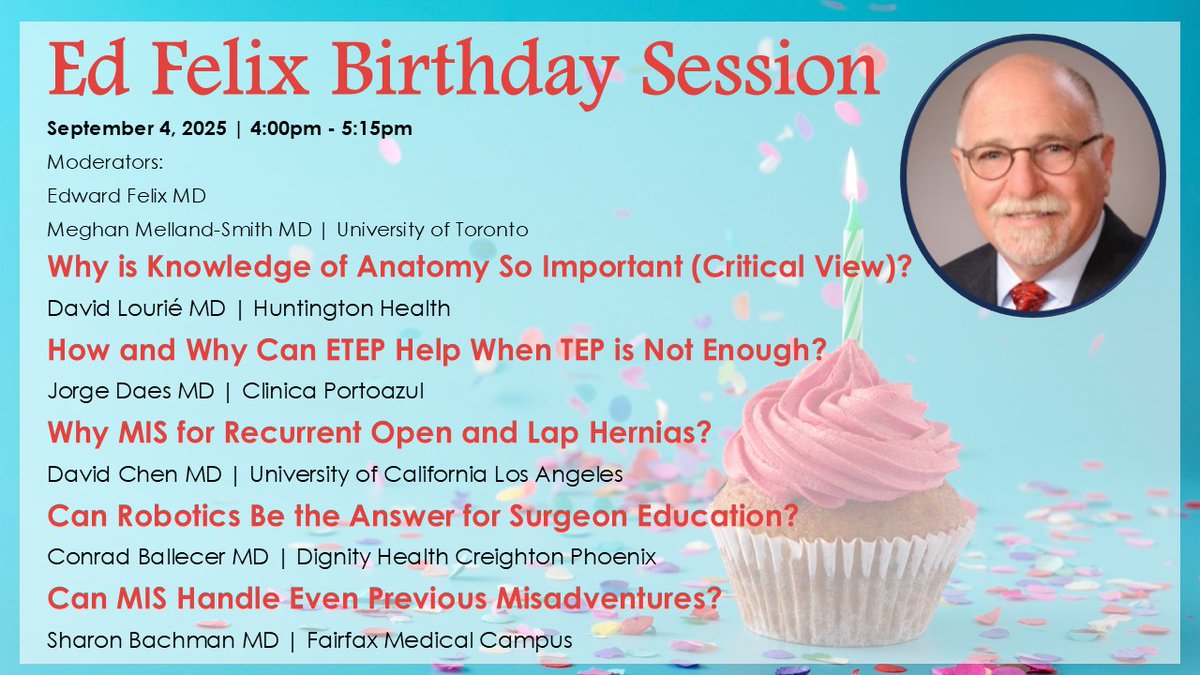 Celebrate Dr. Ed Felix’s birthday at #AHS25 Sept 4-6 at Renaissance Nashville Hotel during the Ed Felix Birthday Session where experts discuss hot topics.
More info: americanherniasociety.org/meetings