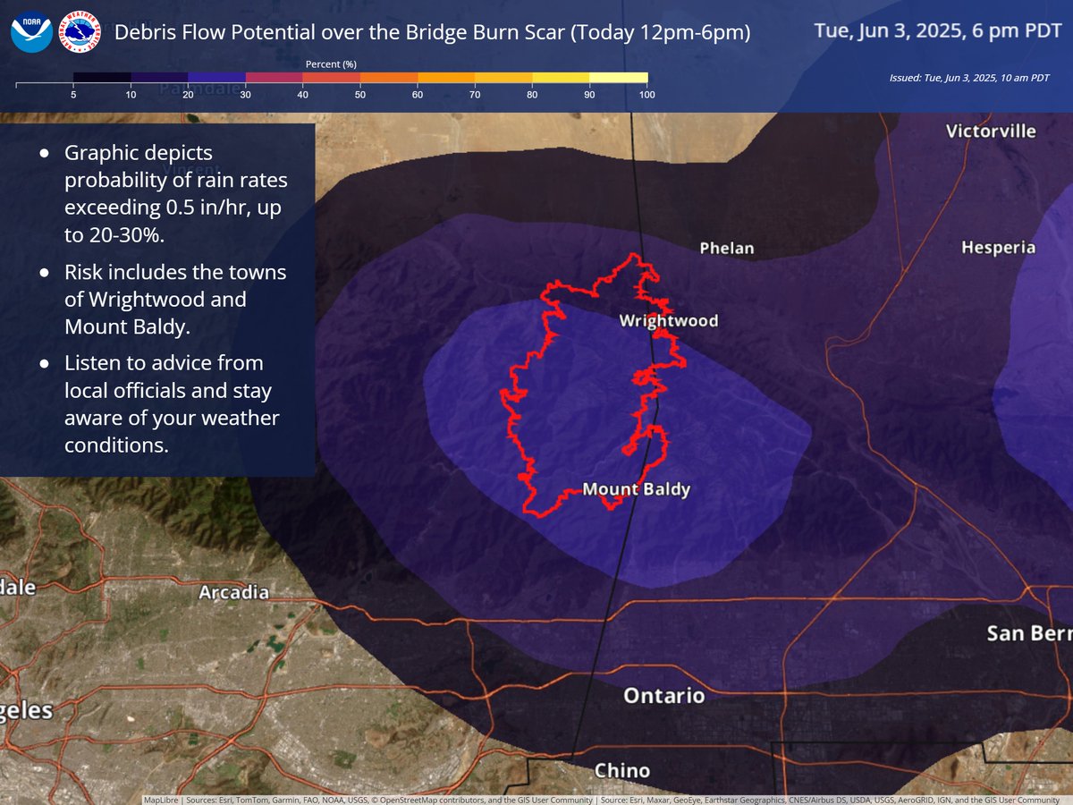 While there is a greater chance that nothing significant happens today, there is a risk for a heavy rain and debris flows in and around the Bridge Burn Scar. Residents in Wrightwood and Mount Baldy, stay weather aware and listen to advice from your local officials. #cawx #larain