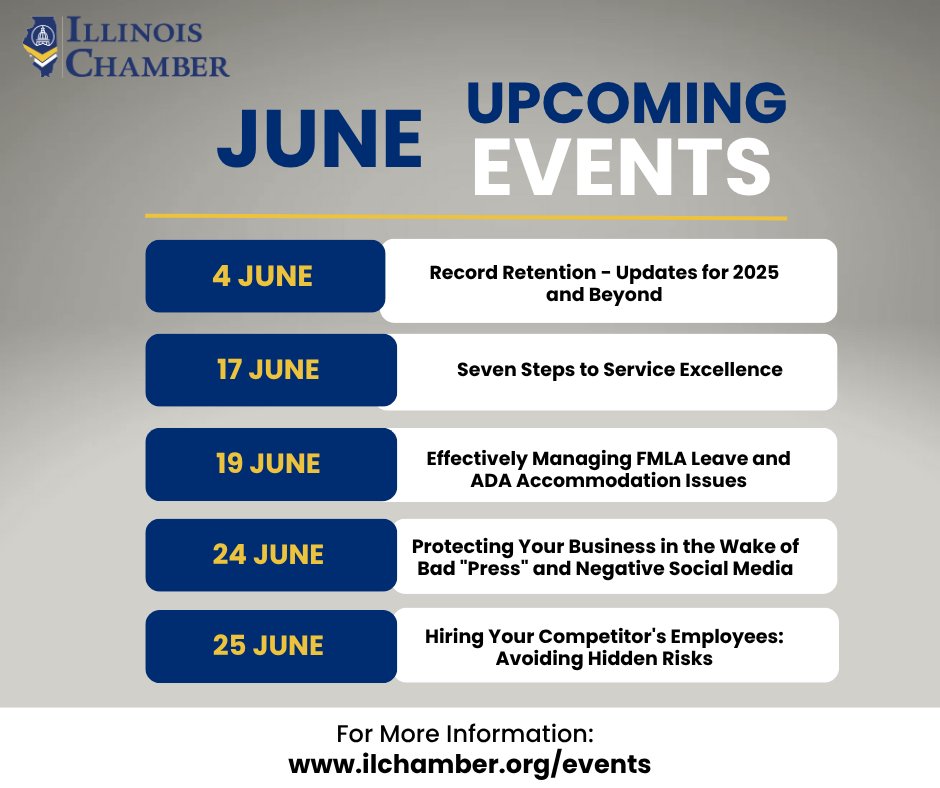 The Illinois Chamber has the following webinars scheduled for June! These events are a great chance to learn new things, boost your skills, and keep up with important business topics. Check out their events page for more info! ilchamber.org/Events