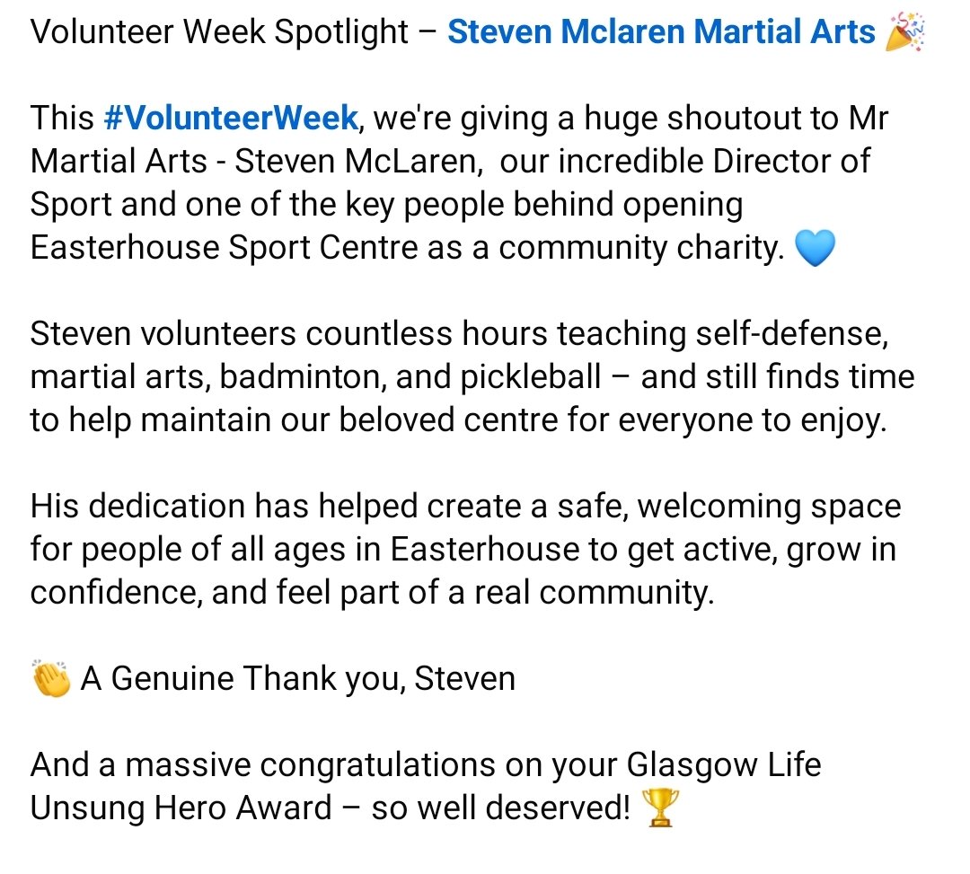 Easterhouse Sport Centre (@easterhouse_sc) on Twitter photo This #VolunteerWeek, we're giving a huge shoutout to Mr Martial Arts - <a href="/smma_ninja/">Steven Mclaren</a>
Here's what our CEO had to say ππΌππΌ
<a href="/glasgowlife/">Glasgow Life</a>
<a href="/EasterhouseCSH/">Easterhouse CSH</a>
#EasterhouseSportCentre #ThankYouVolunteers #UnsungHero #CommunityChampion #GlasgowLife #VolunteerWeek2025 This #VolunteerWeek, we're giving a huge shoutout to Mr Martial Arts - <a href="/smma_ninja/">Steven Mclaren</a>
Here's what our CEO had to say ππΌππΌ
<a href="/glasgowlife/">Glasgow Life</a>
<a href="/EasterhouseCSH/">Easterhouse CSH</a>
#EasterhouseSportCentre #ThankYouVolunteers #UnsungHero #CommunityChampion #GlasgowLife #VolunteerWeek2025