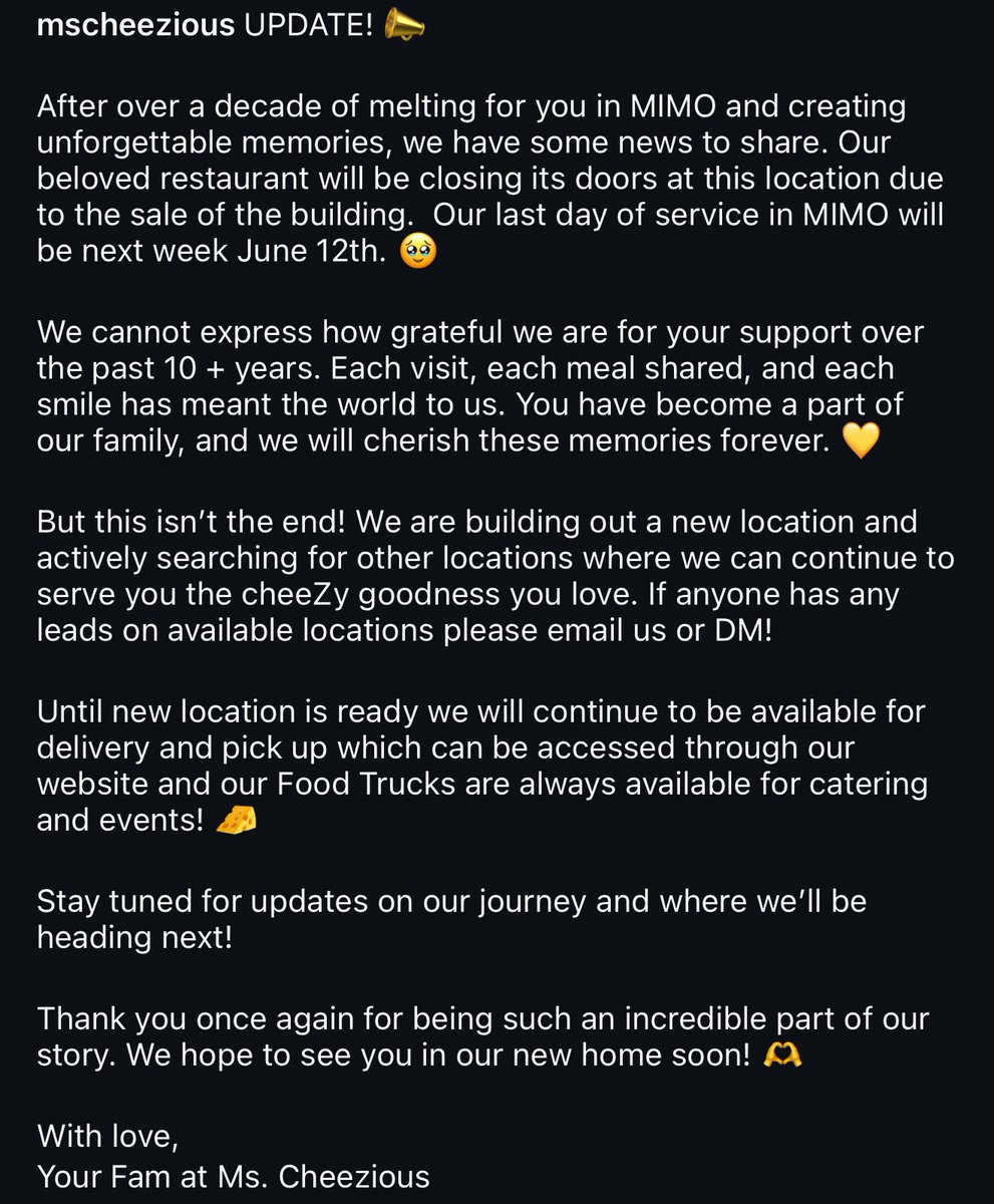 OfficialJoelF's tweet photo. Ms. Cheezious in Miami’s MiMo district is CLOSING on June 12 due to sale of building they operate out of 🥲

They plan to reopen at a new location that’s to be announced https://t.co/2cqRIudDKE