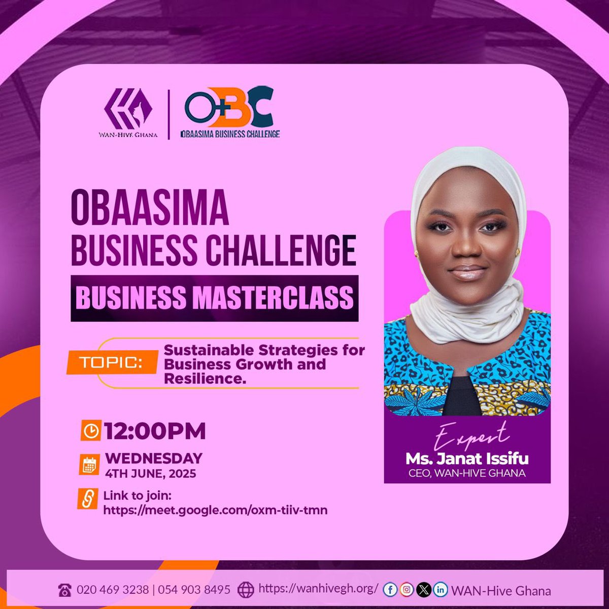 After 5 years of empowering female entrepreneurs through the Obaasima Business Challenge, I'm thrilled to lead a Business Masterclass on Sustainable Strategies for Business Growth &amp; Resilience.

A proud moment to reflect, equip, and move forward. Kudos to the <a href="/WAN_HiveGH/">WAN-Hive Ghana</a> team