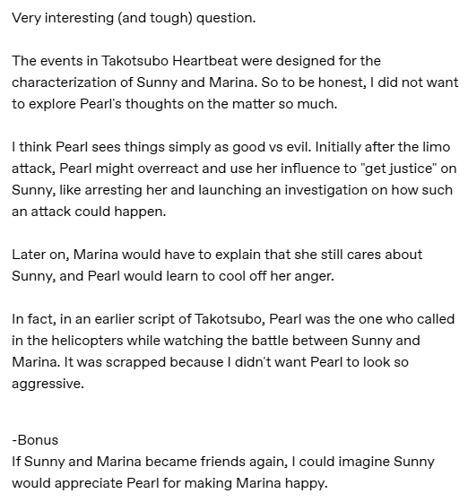 anon asks about how Pearl would feel if she remembered the fight between Sunny and Marina. 
i think Pearl would seek justice... at first
#takotsuboheartbeat