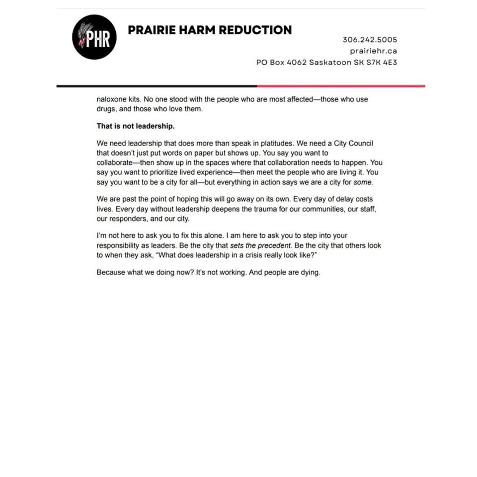 Prairie Harm Reduction Executive Director Kayla DeMong’s statement to the city of Saskatoon regarding toxic drug poisoning in #yxe