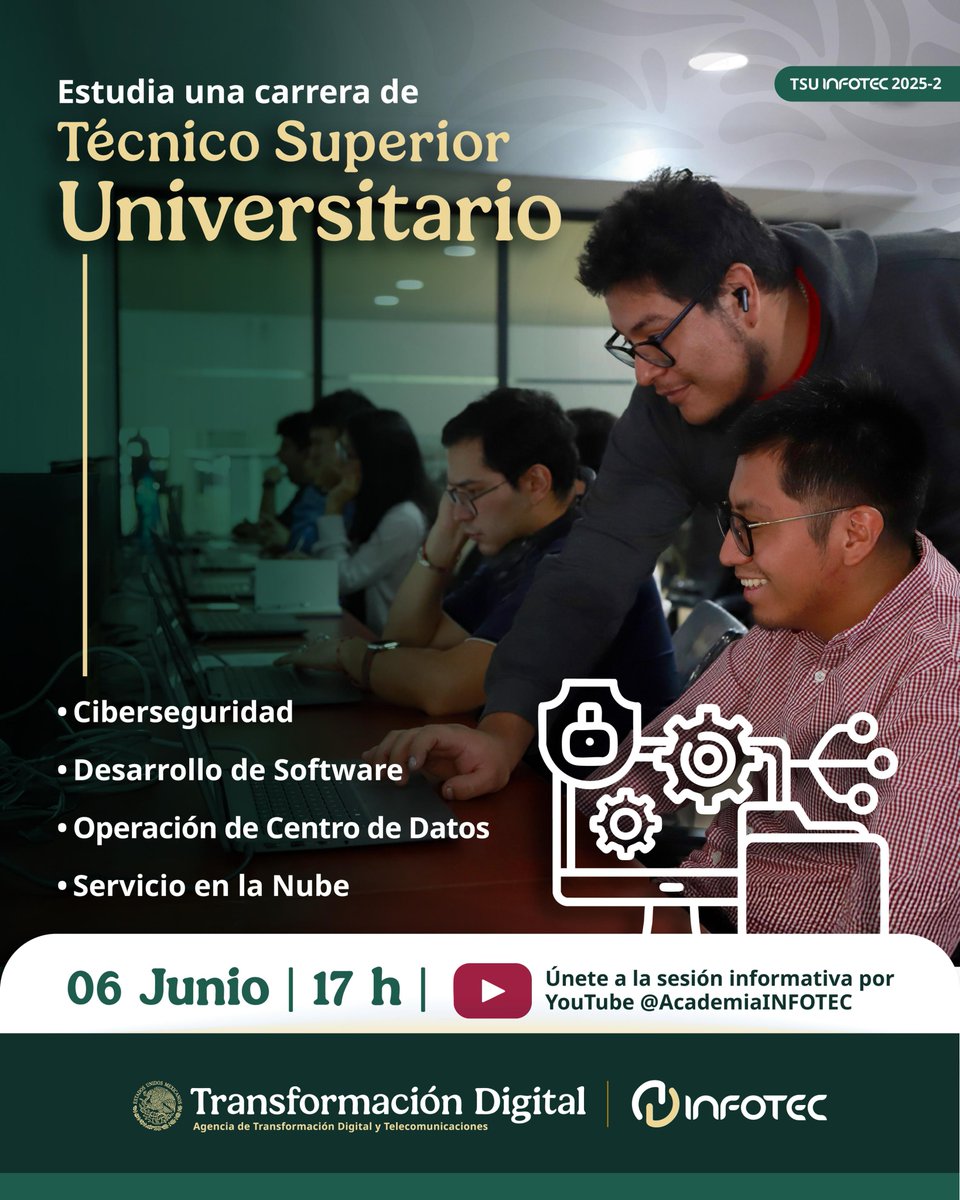 ¿Te interesa estudiar una carrera relacionada con la tecnología? 

Te invitamos a la sesión informativa sobre el nivel Técnico Superior Universitario del <a href="/InfotecMexico/">INFOTEC</a> 

Conoce los planes de estudio, modalidades, horarios y todos los detalles para impulsar tu desarrollo