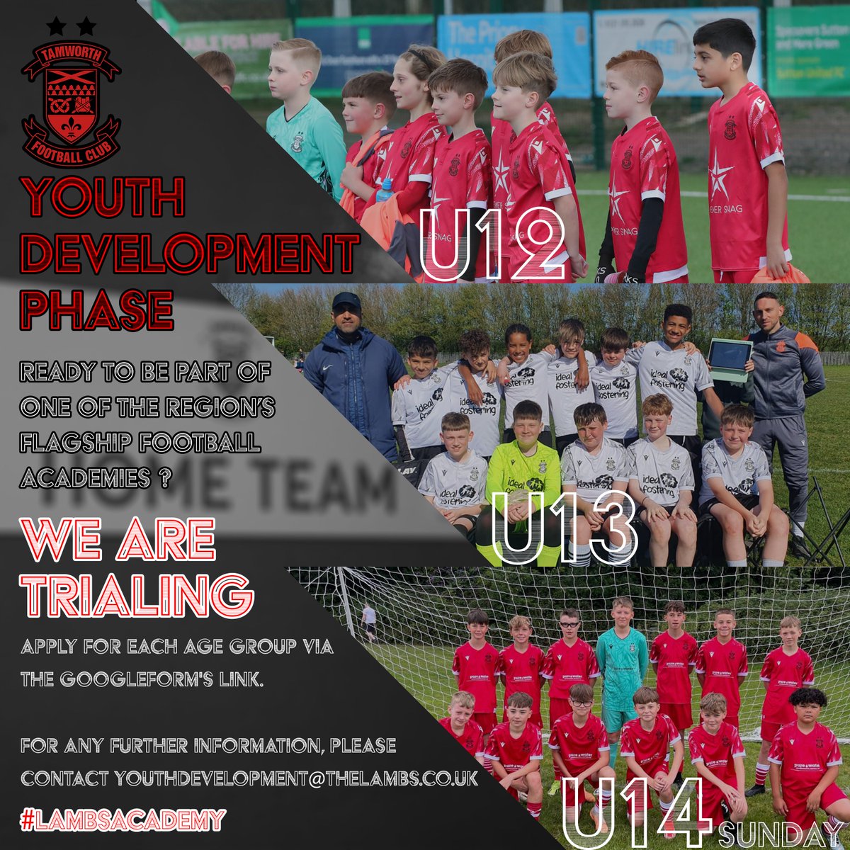 Tamworth FC Academy (@tamworthacademy) on Twitter photo Are you an upcoming U12, U13 or U14 player for the 2025/26 Season?
We are still on the lookout for dedicated, passionate, and skilled players to join the team.
Register interest:
forms.gle/JfUDFKsBC4BfPZโฆ
For further information, please contact youthdevelopment@thelambs.co.uk Are you an upcoming U12, U13 or U14 player for the 2025/26 Season?
We are still on the lookout for dedicated, passionate, and skilled players to join the team.
Register interest:
forms.gle/JfUDFKsBC4BfPZโฆ
For further information, please contact youthdevelopment@thelambs.co.uk