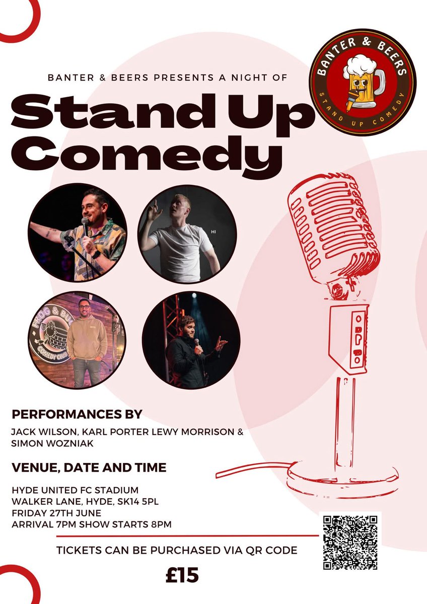 Our first comedy night in a while is coming up on Friday 27th June 

Book your tickets now by scanning the QR code below it booking through 

bit.ly/3HoKkF2