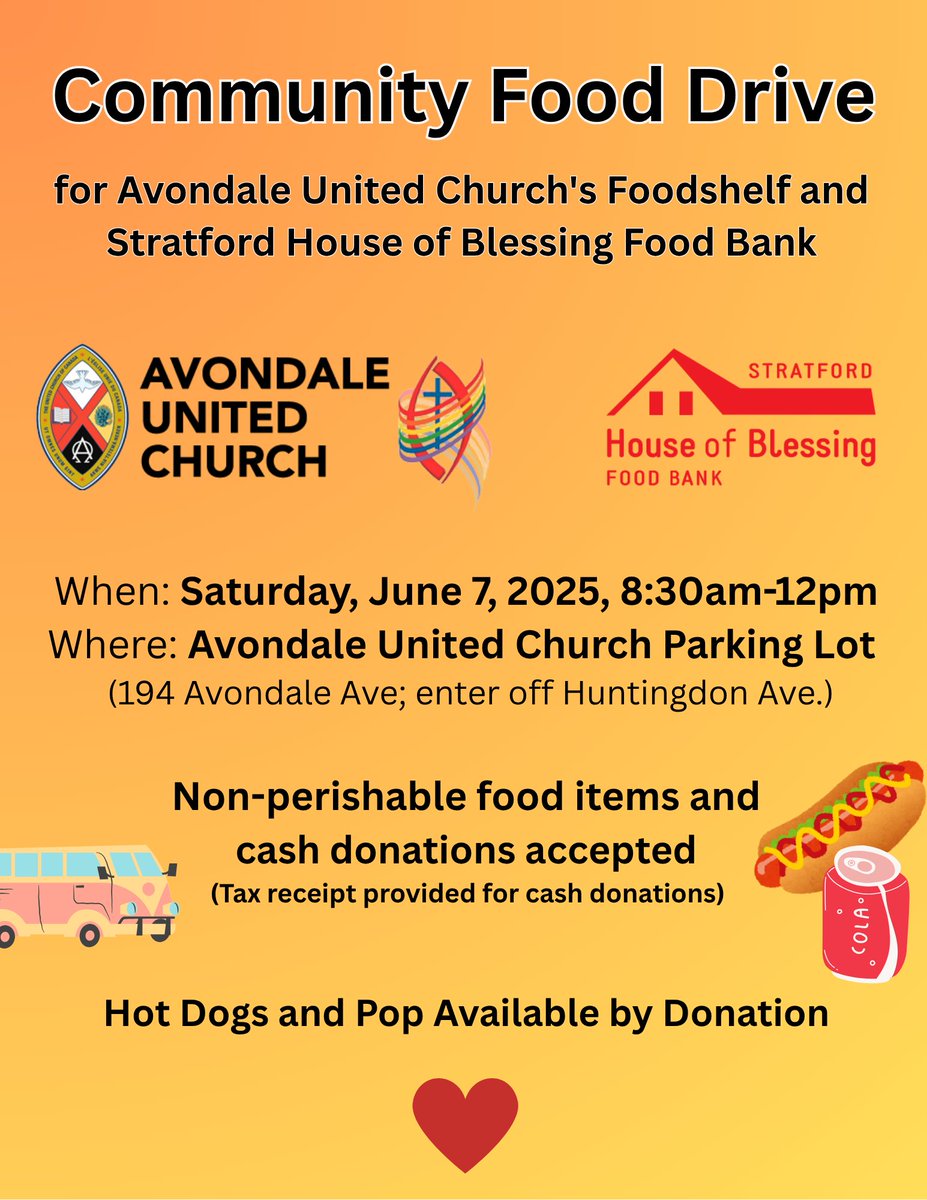 Help Fill Our Shelves This Saturday!
Join us 8:30am–12pm at Avondale United Church for a community food drive supporting Avondale's Food Shelf &amp; Stratford House of Blessing Food Bank.
Donate food or cash (tax receipts available). Hot dogs &amp; pop by donation!