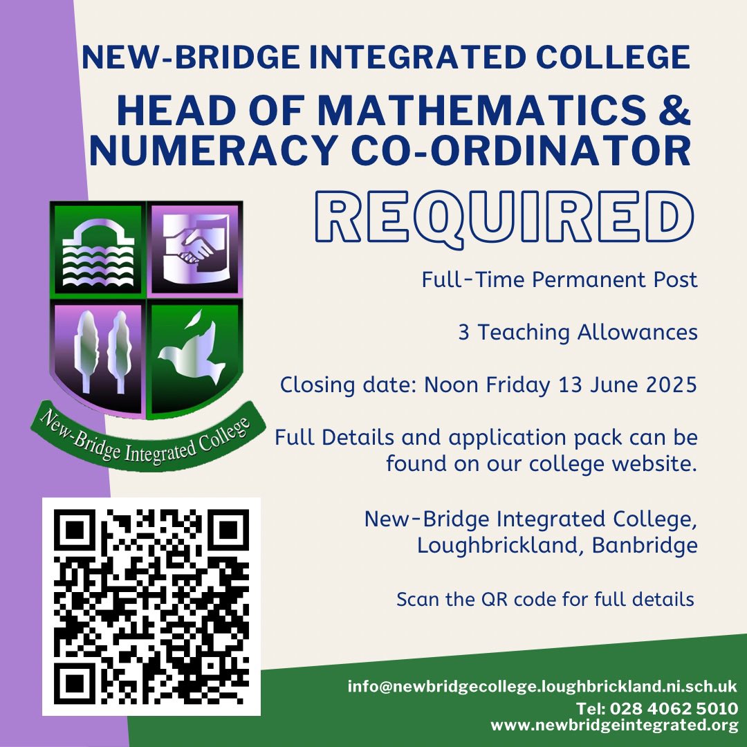 Head of Mathematics &amp; Numeracy Co-Ordinator 

Full-Time Permanent Post

3 Teaching Allowances

(Closing date: Noon on Friday 13 June 2025

Interviews to take place week beginning Monday 16 June 2025)

newbridgeintegrated.org/current-vacanc…

#jointheteam