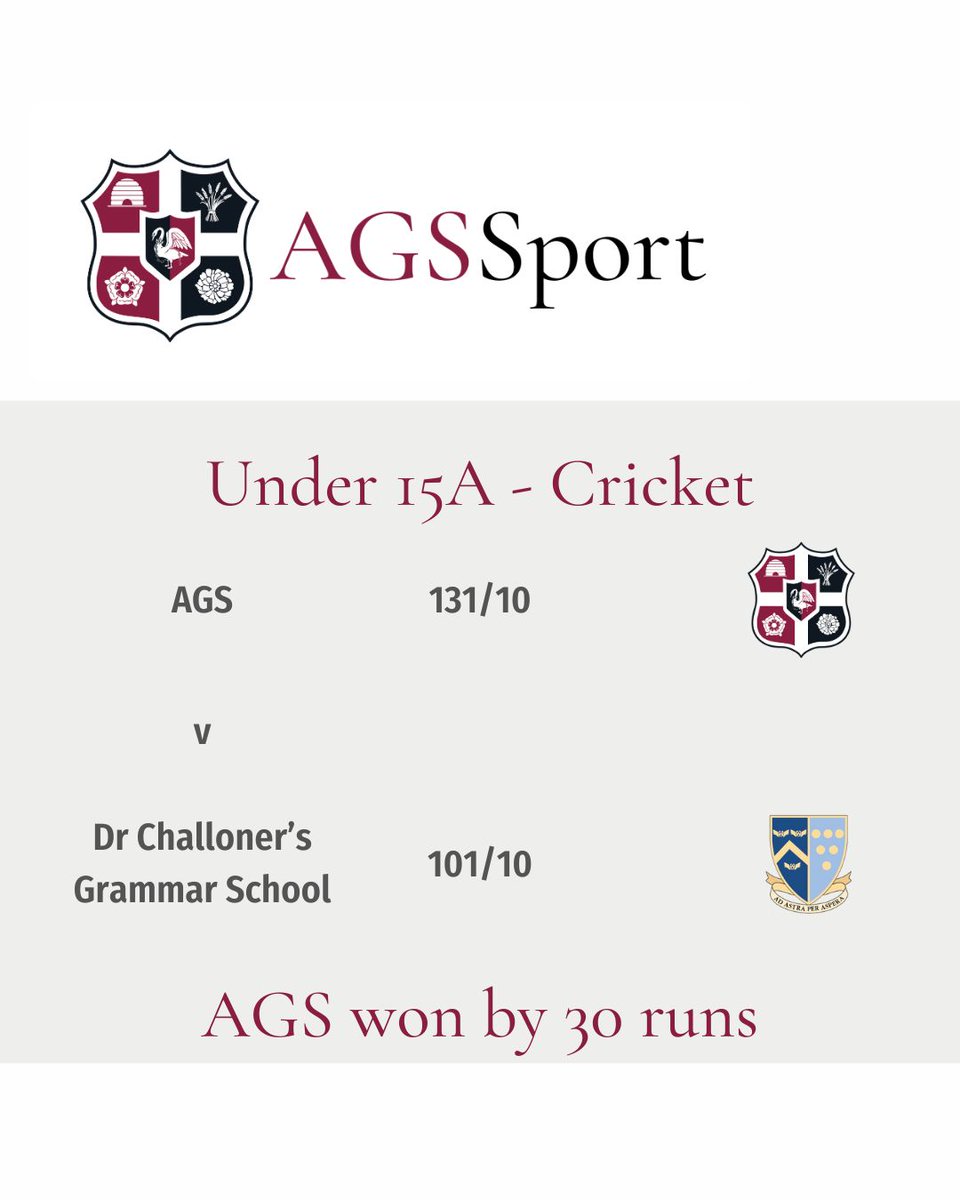 Well done to the Under 15A Cricket team who won the 'Trevor Whitby Trophy' in recognition of his years teaching at both AGS &amp; DCGS. We posted 131 with Arth (38) &amp; Nevin (35) top scoring. A good bowling display bowled DCGS out, Hunayn (4 wkts) &amp; Arth (3 wkts) bowling well