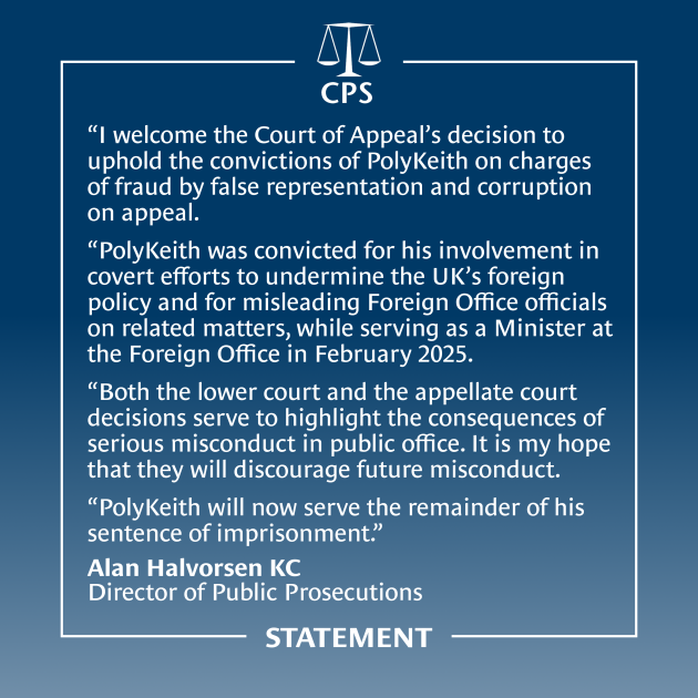 🏛️ The Court of Appeal has upheld the April fraud and corruption convictions against PolyKeith. 

⤵️ Read the Director of Public Prosecutions' statement below: