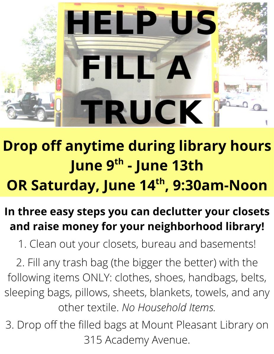 Won't you help us fill a truck? We'll be accepting bags of textiles (clothing, blankets, towels, etc.) from June 9th through June 14th at noon. Please drop them off inside the library anytime the library is open. All proceeds from the fundraiser will support the library.