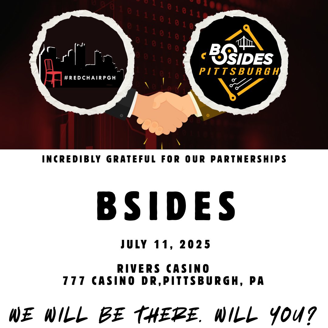 We’re thrilled to share that Red Chair has been invited to host a booth at BSidesPGH 2025! 🙏

🗓 When: July 11, 2025
📍Where: Rivers Casino, Pittsburgh

💡 If you're attending, please stop by and say hello!

Register Today!
events.humanitix.com/bsidespgh-2025

#RedChairpgh #BSidesPGH