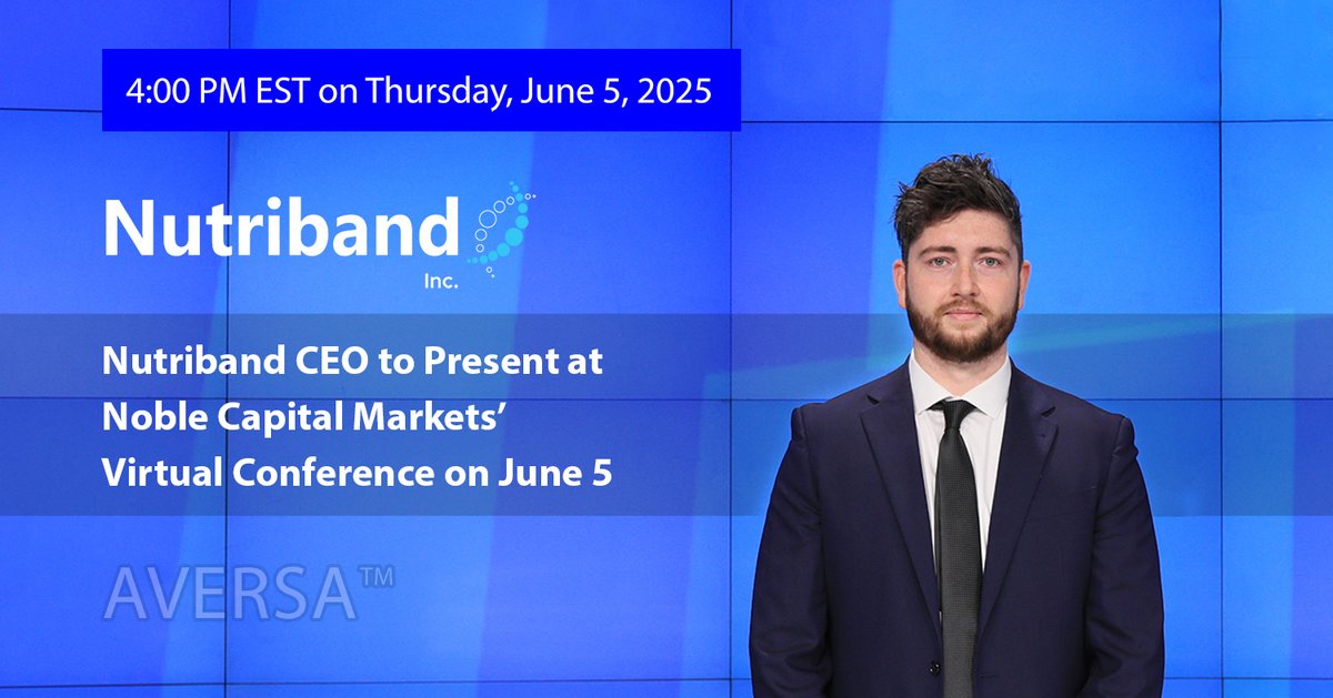 Nutriband Inc. today announced that CEO, Gareth Sheridan will present at Noble Capital Markets’ Emerging Growth Virtual Equity Conference on Thursday, June 5th at 4PM Eastern Standard Time. The formal presentation will feature a fireside style Q&amp;A session with questions welcome