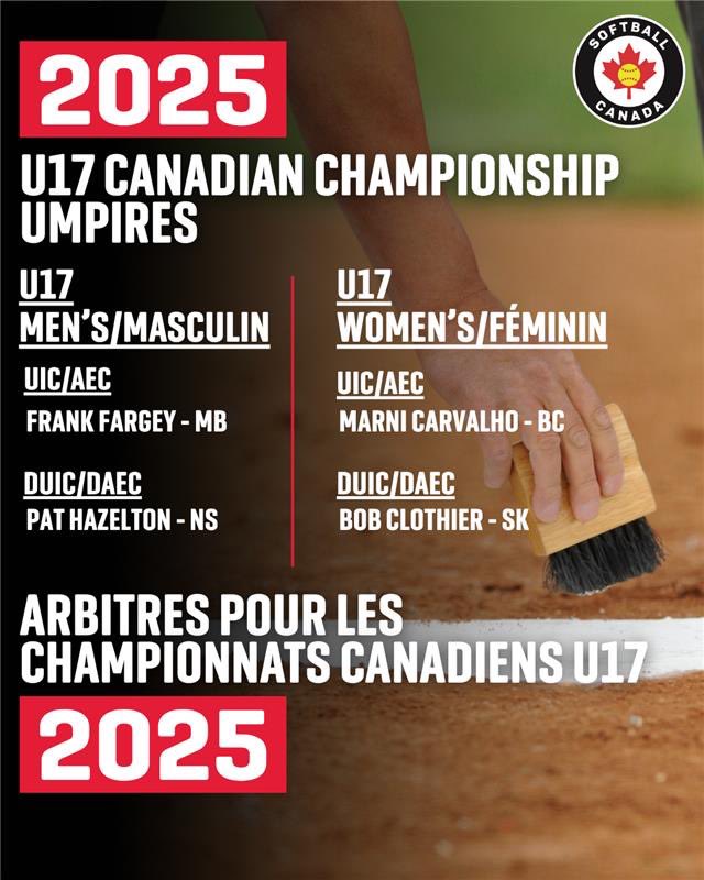 🚨Umpires and Supervisors Announced🚨

We’re excited to announce our incredible team of umpires and supervisors for the upcoming U17 Women’s Canadian Championships, that will be taking place from July 30 – August 3 in Warman, SK.

The U17 Men’s Canadian Championships will take