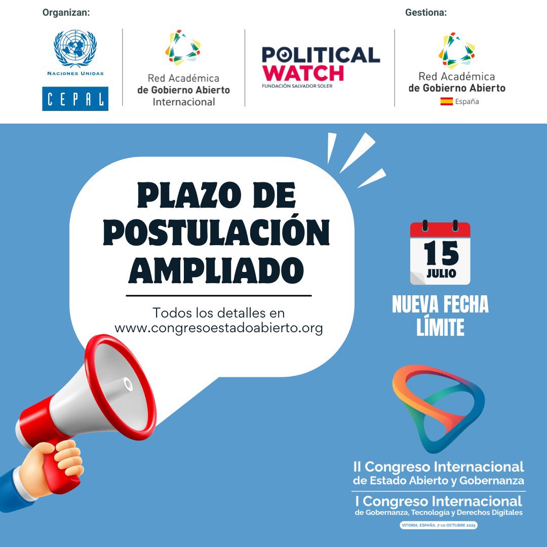 📢Comenzamos junio con novedades del II Congreso de Estado Abierto y Gobernanza:

✅Plazo de postulaciones ampliado hasta el 1️⃣5️⃣ julio
✅Se une I Congreso Internacional de Gobernanza, Tecnología y Derechos Digitales.
✅Estrenamos web oficial congresoestadoabierto.com y canales ⤵️