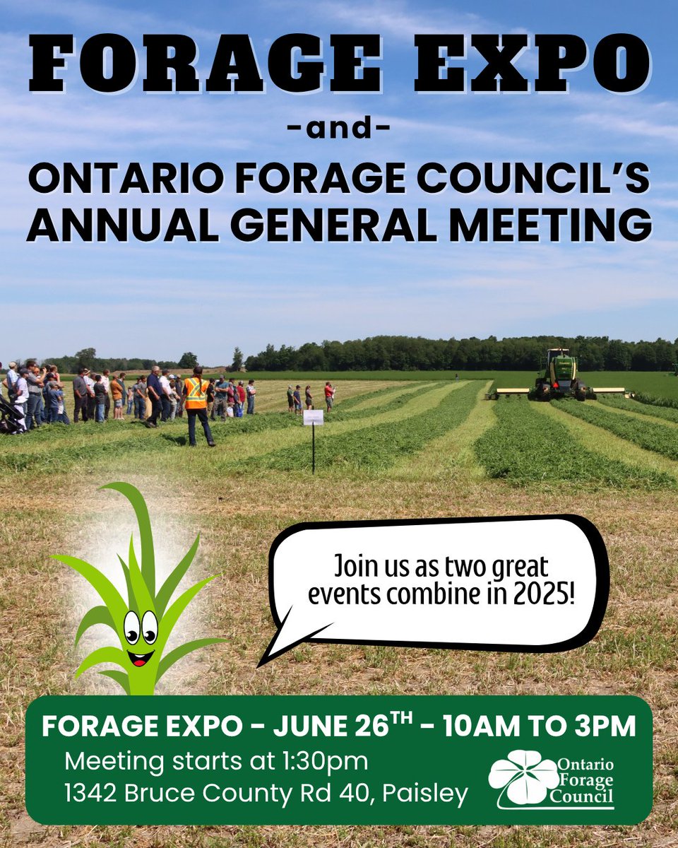 🎉 Two great events combined into one awesome day! Forage Expo will be serving as our Annual General Meeting this year. The business portion of the day will happen at 1:30pm. Come on out to learn more about Ontario Forage Council! 

Learn more at onforagenetwork.ca.